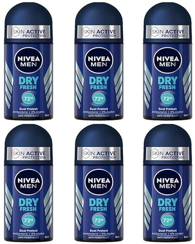 6x NIVEA MEN Dry Fresh Deo Roll-On (Skin Active Protection) mit Dual Active Formel,Anti-Transpirant Deodorant für 72h intensive Frische auf der Haut,ohne Alkohol,50ml (6er Pack)