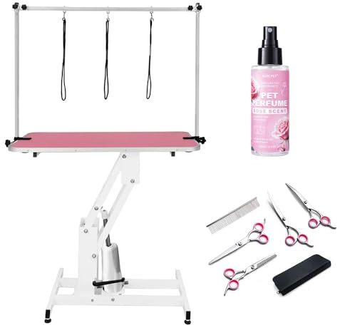 Yavolo Hydraulic Dog Grooming Table Height Adjustable with H Bar 180kg Capacity Pink Rubber Top Professional Grooming Scissors Set Dog Grooming Spray 3 Leashes Grooming Bundle