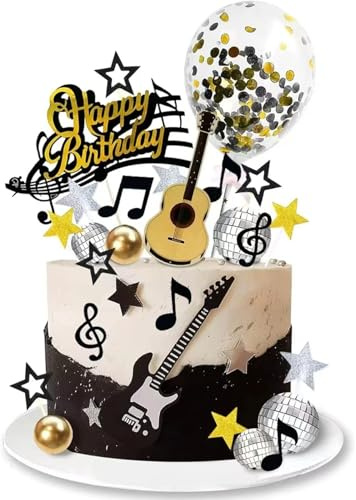 Toyhood 30pcs Musical Theme Cake Toppers Set, Rock Music Guitar Disco Music Notes Balls Cake Decorations, for Happy Birthday Retro Rock Party