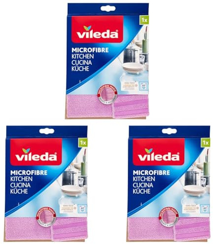 Vileda Mikrofaser Küchentuch, 2 Reinigungsseiten – Reinigungspower trifft auf streifenfreien Glanz, 19 x 1 x 22 cm, Farbe lila, 3er Pack