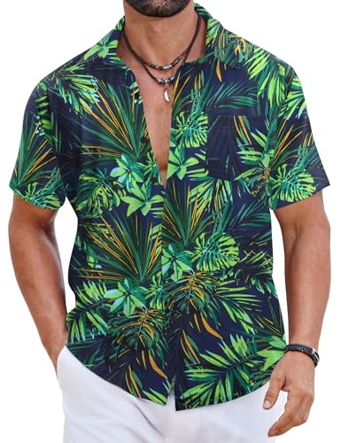 COOFANDY Camisas Hawaianas Hombre 100% Algodón, Camisas Verano Manga Corta Botonadas, Tops Tropicales Playa Corte Regular PAT1 XXL