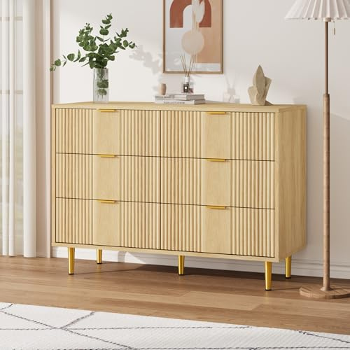 Litake Kommode für Schlafzimmer, 100cm Breite 6 Schubladen Aufbewahrung Kommode mit Vintage Metallgriffe, Tiefe Kommode für Schlafzimmer, Wohnzimmer, Flur oder Eingang, Eiche (Eiche, 100x40x75cm)