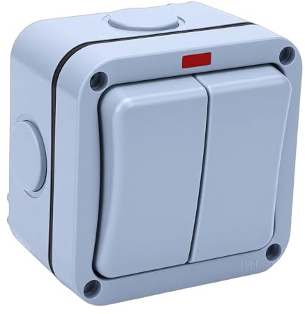 YDuupxe Interruptor de Luz Exterior de 2 Entradas y 2 Vías, Interruptores Duales IP66, Interruptor a Prueba de Agua con Luz Indicadora para Jardín, Piscina y Patio