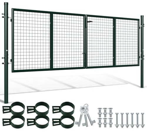 Portail de jardin en métal - Double battant - 300 x 100 cm - Tube rond - Bricolage - Patchwork - Avec serrure - Pour clôture de natte (vert)