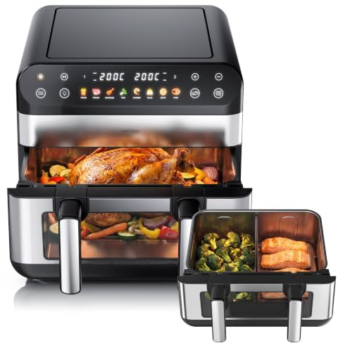 Arendo - XXL Heißluftfritteuse 10 Liter - 2 Kammern trennbar / 1 Kammer Match Funktion - extra Groß - Backofen Umluft - Grill - Airfryer mit Fenster - Fritteuse ohne Öl - Pizza Hähnchen Pommes