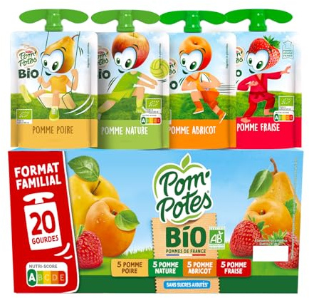 POM'POTES® Compote BIO Pomme Poire Abricot Fraise 20x90g | Sans Sucres Ajoutés, Gourde, Pommes Françaises, Source De Fibres, Nutri-Score A, 3 Ans Et Plus