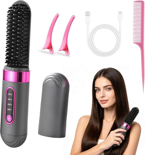 Stylingbürste für Kurze Haare, Haarbürste Elektrisch, Glättbürste Kabellos mit LED-Anzeige, Mini Glätteisen, 4 Temperaturstufen, Tragbar, für Glattes, Lockiges und Trockenes Haar