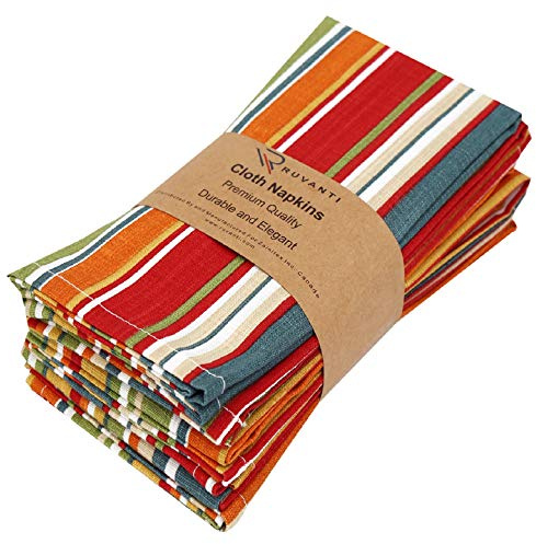 Ruvanti Cloth Napkins 6 Pack 18 X 18 Inch Dinner Table Napkins, Soft & Comfortable 100% Cotton Red, Orange & Green Reusable Linen Napkins for Christmas/Dinners/Weddings/Bar/Cocktail Parties.