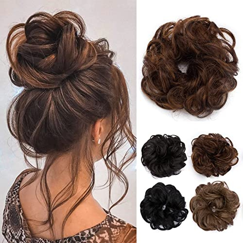 TESS Chignon Capelli Veri Elastico Capelli Finti Posticci Per Capelli Extension Chignon Hair Bun Posticci Ricci Biondi Updo Coda di Cavallo Extension Coda Capelli,Marrone Rossiccio + Castagno