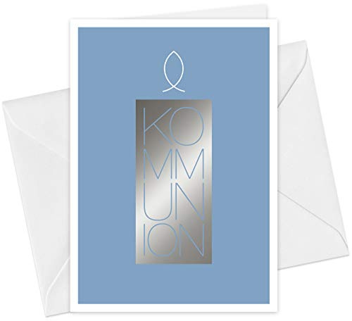 20er Set Einladungskarten & Umschläge, Kommunion Kerze & Fisch, Klappkarten Format A6, mit Heißfolienprägung (Silber)