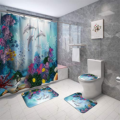 Morbuy Badezimmer Duschvorhang-Set, Badezimmer Anti-Rutsch-WC-Vorleger + Deckel WC-Abdeckung + Badematte + Duschvorhang Karikatur Tierdruck für Küche Dusche und Toilette (4-teiliges Set,Delfin)