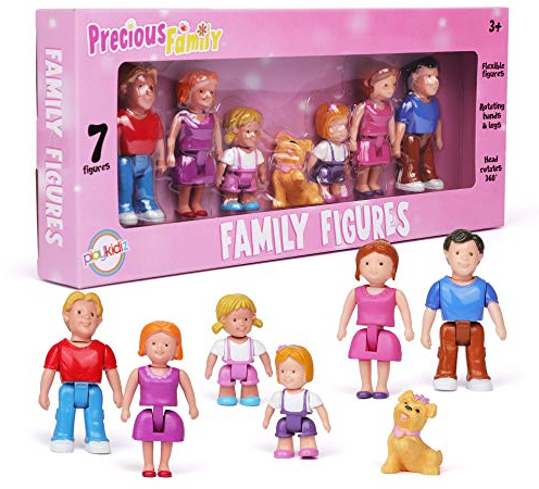 Playkidiz Familienfiguren – Set mit 7 kleinen Spielzeugmenschen zum Spielen im Puppenhaus, inklusive Eltern, Geschwister und Haustier – Puppenhauszubehör für Kinder