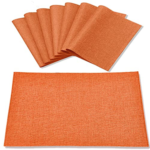 Rinpon Linen Placemats Set of 8, Machine Washable, Heat Resistant, Wrinkle Free, Thick Polyester Kitchen Place Mats for Dining Table (Orange)