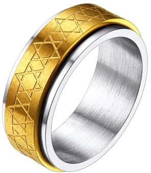 Richsteel Antiestres Anillo Estrellas David Oro Hombre Banda Giratoria Anillo Paz para Ansiedad, Dorado