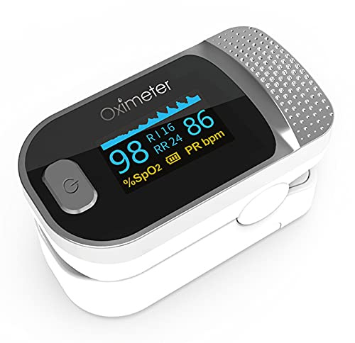 Pulse Oximeter Fingertip, 4-in-1 Oximeter with Perfusion Index, Respiratory Rate, Heart Rate Monitor, Blood Oxygen Saturation Monitor, OLED Screen and Alarm Function (white)