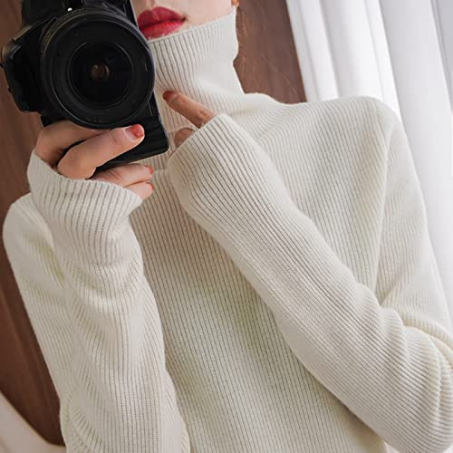 CWENROU Pullover Für Damen,Winter Damen Stehkragen Kaschmir Pullover Mode Einfarbig Strickpullover Langarm Wärme Eleganter Straßenpullover Weich Lässig Schmaler Stretch,Weiß,XL