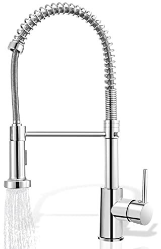 Pakuyi Spring Kitchen Sink Faucet - Single Handle, High Arc, 360° Swivel, Pull Out Sprayer with 2 Modes