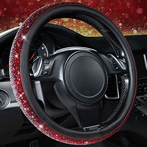 CAR PASS Bling Diamond Leder-Lenkradbezug, mit Glitzernd Kristall Strasssteine, Universal Auto Radschutz für Damen und Mädchen, passend für SUVs, Vans, Limousinen, LKWs(Rot Silber)