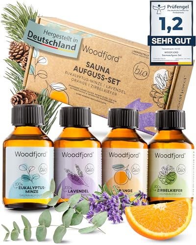 WOODFJORD Saunaaufguss Set BIO Klassik I 4 verschiedene Saunadüfte und -Öle, je 100 ml I Premium Sauna Aufgussmittel Set für authentische Saunaerlebnisse I Das perfekte Saunaduft Probierset