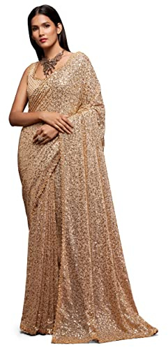 TRENDMALLS Damen Heavy Georgette Pailletten Arbeit Heavy Sari mit Bluse, Beige, Einheitsgröße