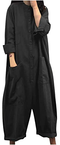 Linen Jumpsuits for Women UK Long Sleeve Elegant Baggy Jumpsuit Sale Loose Button Down Rompers Wide Leg Overalls Harem Pants Solid Ladies Dungarees Plus Size Women Jumpsuits & Playsuits with Pockets