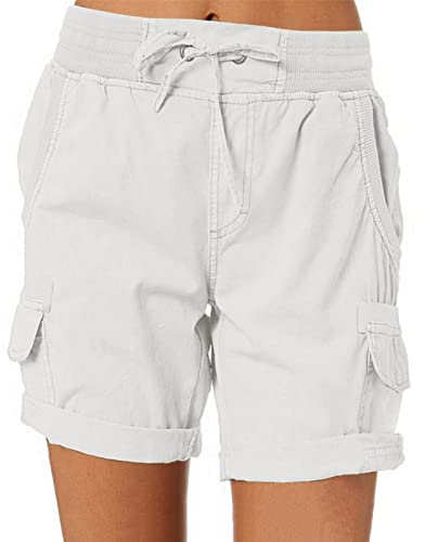 Cargo Shorts Damen Sommer - Bermuda Shorts Damen mit Gummizug- Kurze Hose Damen High Waist mit Taschen Cargoshorts Locker Wandershorts Chino Sportshorts Damenshorts für Frauen Teenager Mädchen