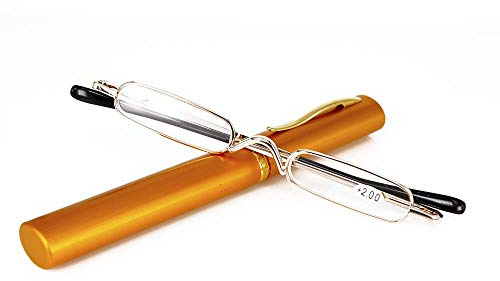 KoKoBin Mini Lesebrille Metall schmal Federscharnier Lesebrille Unisex Lesehilfe mit Etui (Gold, 1, Diopter)
