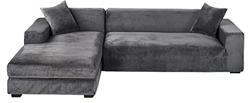 GUYIRT Samt Sofabezug L Form, 2-teiliger Stretch L Form Sofa überzug rutschfest Couchbezug L Form Weicher Möbelschutz Für Ecksofa -dunkelgrau-3+2 Sitzer