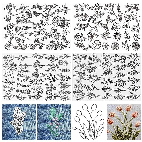 Qivine Wasserlösliche Stickschablonen, 4 Blatt Stickvlies Wasserlöslich Selbstklebend für Stoff, Sticken Stickpapier Wasserlöslich Handnähstabilisatoren mit Vorgedrucktem (C+D)