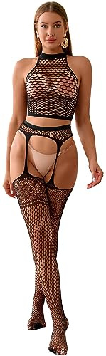 Walang Damen Dessous Fischnetz Set Spitze Strumpfgürtel Strumpfbänder + Oberteil Hohlkörper Netz Nachtwäsche Party Base Freie Größe Unterwäsche Set (Schwarz)