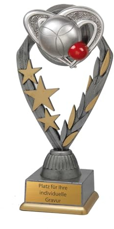 Pokal Boule & Petanque - Boccia Trophäe mit Wunschgravur - Höhe 21 cm | Personalisierte Siegerfigur für Bosseln & Zielkugel Wettbewerbe, robuste Ständertrophäe aus Kunststoff mit Herz Motiv