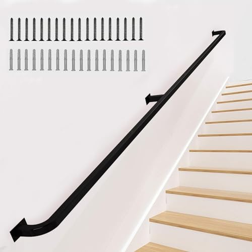 Pasamanos para escaleras Interior Exterior Barra de agarre Montaje en pared Soportes de Kit de riel de barandilla de hierro forjado de metal negro Pasamanos de seguridad Soporte de pared, 1m 2m 3m 4m