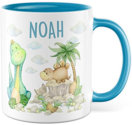 Dino Tasse personalisiert - Geschenk Dinosaurier Becher für Kinder - Kakaotasse 330ml aus Keramik - Kind Junge Geschenkidee süße Dinotasse eigener Name Kindergarten-Tasse (Weiß/Blau)