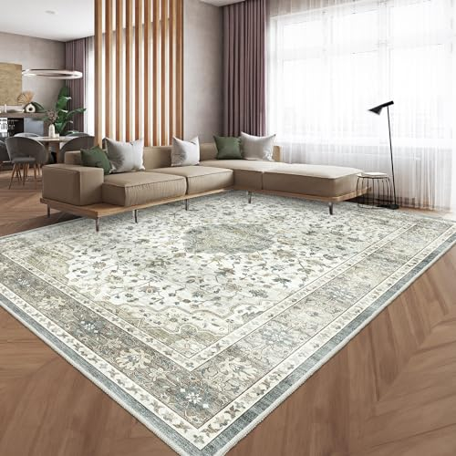 HOMFINE Hell Grün Vintage Teppich Wohnzimmer 200x300 cm Waschbarer Kurzflor Boho Teppiche Weich rutschfest Groß Retro Rugs for Living Room Carpet for Schlafzimmer Esszimmer Küche