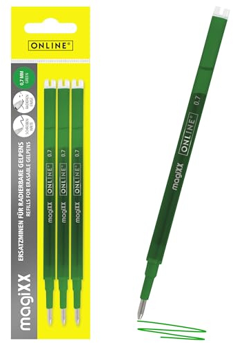 ONLINE 3x radierbare Ersatzminen I Kompatibel mit Pilot Frixion, magiXX I Grün 0,7mm Strichstärke I Ersatzmine für Gelstift radierbar I Nachfüllminen für Gel-Tintenroller mit radierbarer Tinte