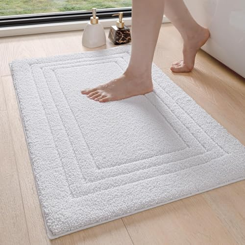 DEXI Badezimmerteppich 50 x 80 cm, weicher Badematte, rutschfest waschbar Badvorleger, Saugfähige Duschvorleger für Badezimmer, Dusche, Weiß