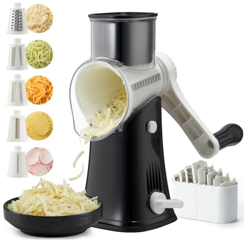 ALEXPHY Rotary Cheese Grater Hand Crank, 5 Blades Cheese shredder, Stronger Suction, Easy to Clean for Fruit, Vegetables, Nuts, Black