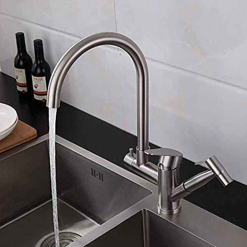 Wasserhahn für Küchenspüle, Wasserhahn für Küchenspüle, 360 ° drehbarer Wasserhahn, Küchenarmatur aus Edelstahl 304 mit ausziehbarer Spritzpistole und 2 Wasserstrahlarten heiß und kalt für Spüle, Silb