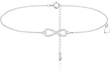 Bewenda Vristlänk för kvinnor, 925 sterlingsilver fotkedja, fotkedja med oändlighet + hjärta/kvist blad, flexibel justerbar fotklämma fotlänk vattentät sommar strand fotsmycken – 22 + 5 cm,