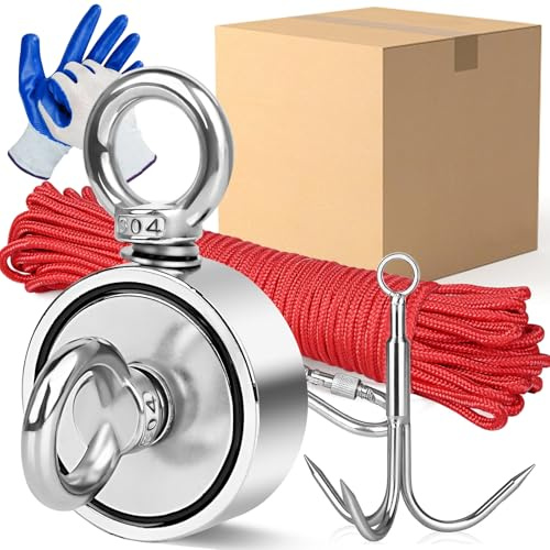 Dawumin Magnetfischen Set 480KG, Doppelseitiges Neodym Ösenmagnet Magnet Angelset, Magnet zum Magnetfischen Ø 67mm Suchmagnet mit 20m Seil, Handschuhen und Suchanker