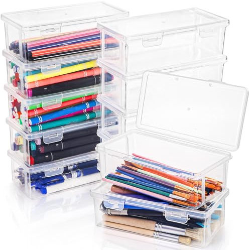 Covzoe 12 Pack Clear Pencil Box, Small Plastic Pencil Case with Lid, Storage Boxes Bulk Stackable Design, Durable Office Supplies Organizer for Crayon Pencil, Craft, Brush