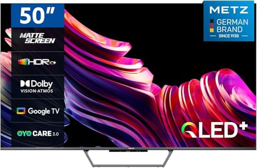 Metz Smart TV, MQE7600Z, 50, QLED, 4K, UHD, HDR 10+, Google TV, Matte Screen, Eye Care, Flicker-Free, Auto Ambient Light Sensor, HDMI, USB, Grigio