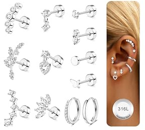 JeweBella 12Pcs Piercing Oreja Acero Quirurgico Pendientes Mujer Plata Oro Pendientes Aro Pequeños Pendientes Piercing Oreja Cartílago Conch Piercing Helix Piercing Tragus