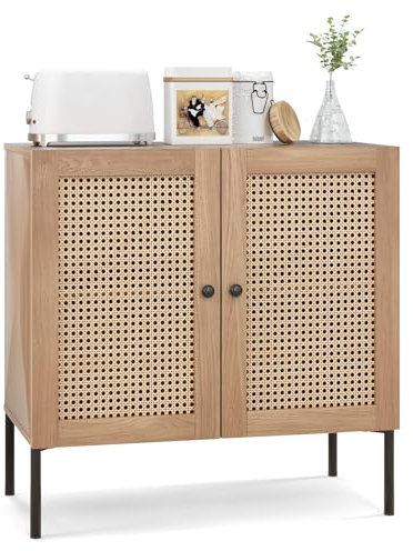 COSTWAY Skänk med 2 rottingdörrar, köksskåp i trä med bänkskiva och justerbara hyllor, bufféskåp, byrå, industriell för kök, matsal, vardagsrum, 80 x 40 x 80 cm (ek)