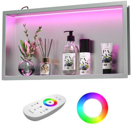 Bernkot Duschnische Edelstahl mit RGB LED, Wandnische für das Bad | 20 dynamische Beleuchtungsmodi, Wandnische Dusche mit Fernsteuerung und Farbwechselbeleuchtung, 60cm×30cm, gebürstet
