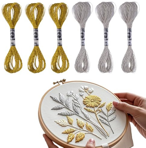 RAXLUPO 6 Stück 8m Stickgarn Gold Metallic & Silber Metallische Stickgarne Sticktwist Kreuzstichfäden Goldenes und Silbernes Metallisches Garn, Kreuzstich Fadenset Goldfarbe für Bastelarbeiten