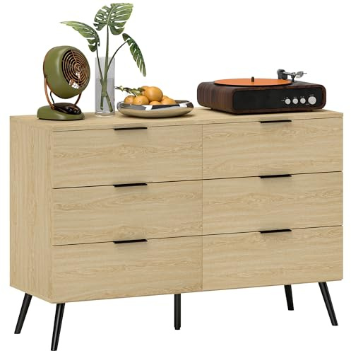 HOMCOM Cómoda Estilo Moderno Cómoda para Dormitorio con 6 Cajones Diseño Anti-vuelco Cajonera para Sala de Estar Pasillo 110x40x75 cm Roble