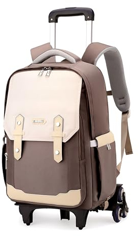 NIWEIYA Kids Rolling Backpack Roller Backpack with Wheels for Girls & Boys Trolley School Bags Wheeled Bookbags for Boys, 6 Wheels Brown, 12.6 x 8.66 x 18.11 inches, Modern