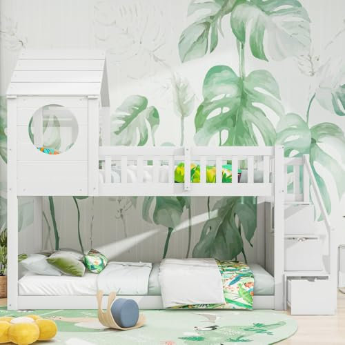 White Wooden Treehouse Bunk Bed with Canopy & Ladder Solid Pine Wood Single Cabin Frame Mid Sleeper for Kids Guardrail Included (White 90cm*190cm)