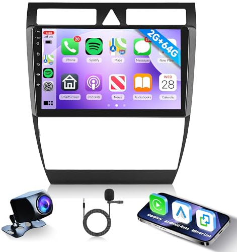 2G+64G Wireless Carplay Android Autoradio 2 Din für Audi A6 C5 1997-2004 S6 1999-2004 RS6 2002-2006 9 Zoll Autoradio mit Android Auto Navi GPS WiFi Mirror Link Bluetooth FM/RDS/EQ/SWC Rückfahrkamera